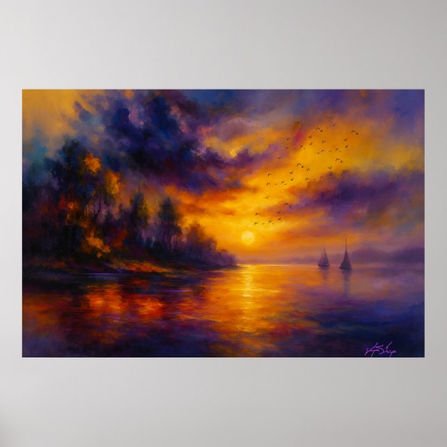 Poster Harbor of Light - Sailboats Beneath a Burning Sky (Devant)