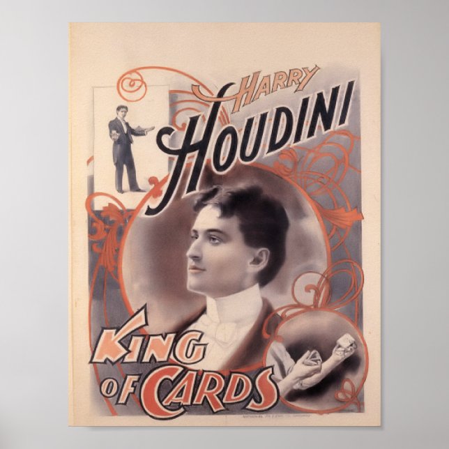 Poster Harry Houdini, roi des cartes 1895 (Devant)