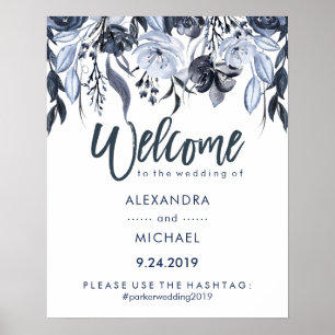 Poster Hashtag mariage Welcome Flore bleu foncé
