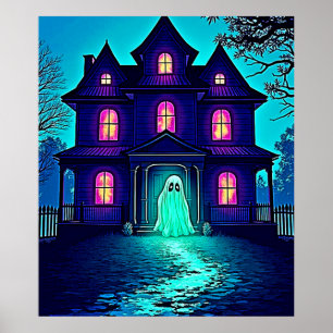 Poster Haunween Ghost House Design