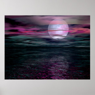 Poster Hausse de lune d'océan de ciel nuageux
