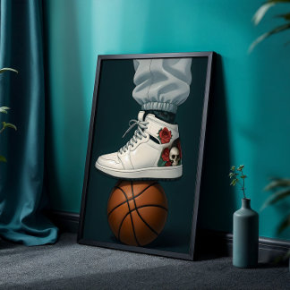 Poster Hauteur crâne rose blanche sur le basket-ball