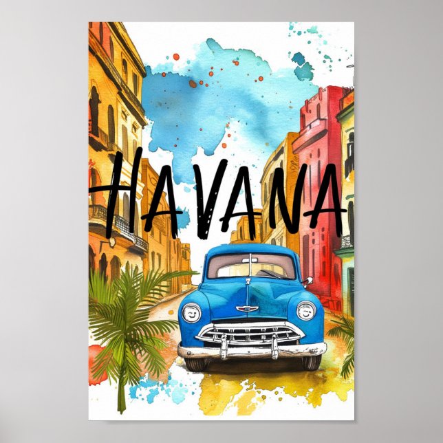 Poster Havana Cuba Aquarelle Peinture Voyage (Devant)