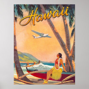 Poster Hawaï, fille de danse polynésienne sur la côte