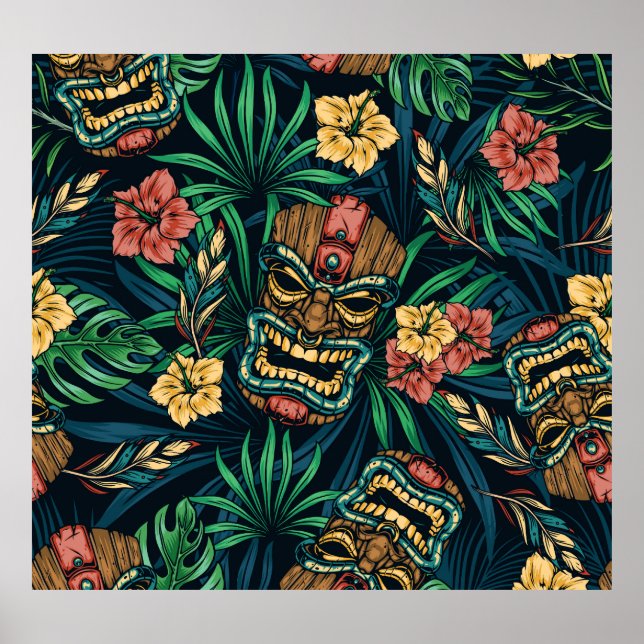 Poster Hawaï Tiki Masque Motif tropical (Devant)