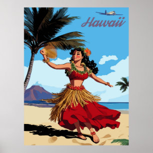 Poster Hawaii, Dancing Hula Girl at the Beach, Travel