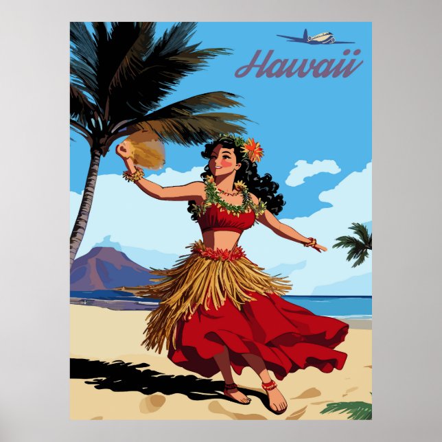 Poster Hawaii, Dancing Hula Girl at the Beach, Travel (Devant)