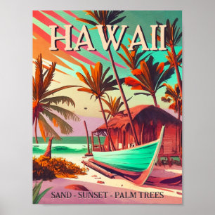 Poster Hawaii île tropicale coucher de soleil palmier Sou