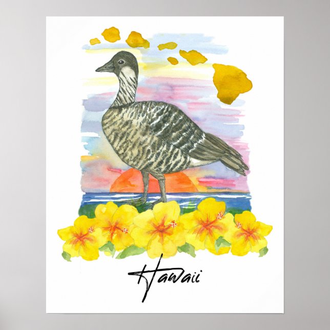 Poster Hawaii Islands State Bird Nene Sunset Ocean (Devant)