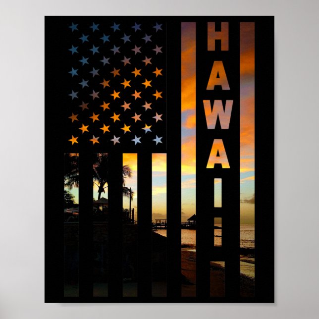 Poster Hawaii Sunset American Flag Honolulu Hawaiian Isla (Devant)