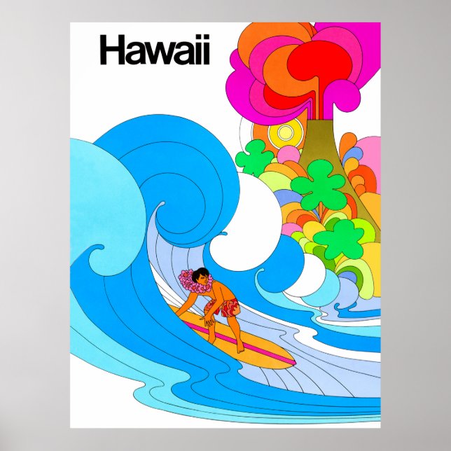 Poster Hawaii, Surf sur la grande vague, 60 illustration (Devant)