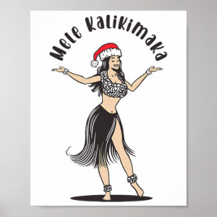 Poster Hawaiian Christmas Hula Jupe Girl Santa Hat Mele