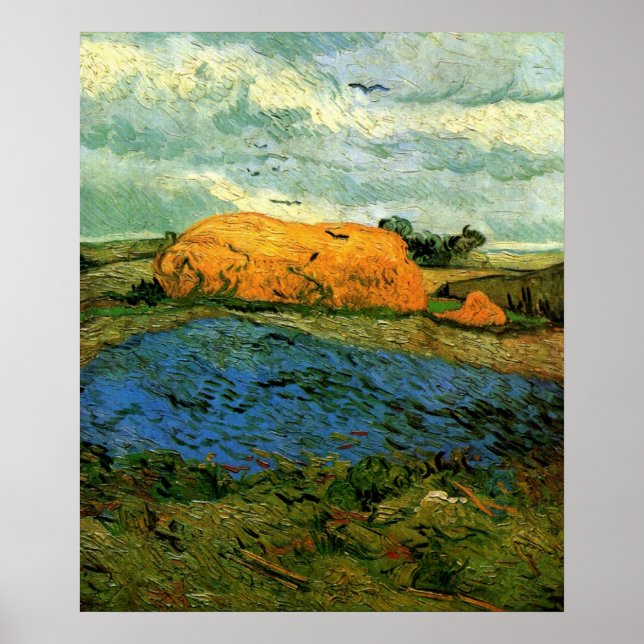 Poster Haystacks Under a Rainy Sky par Vincent van Gogh (Devant)