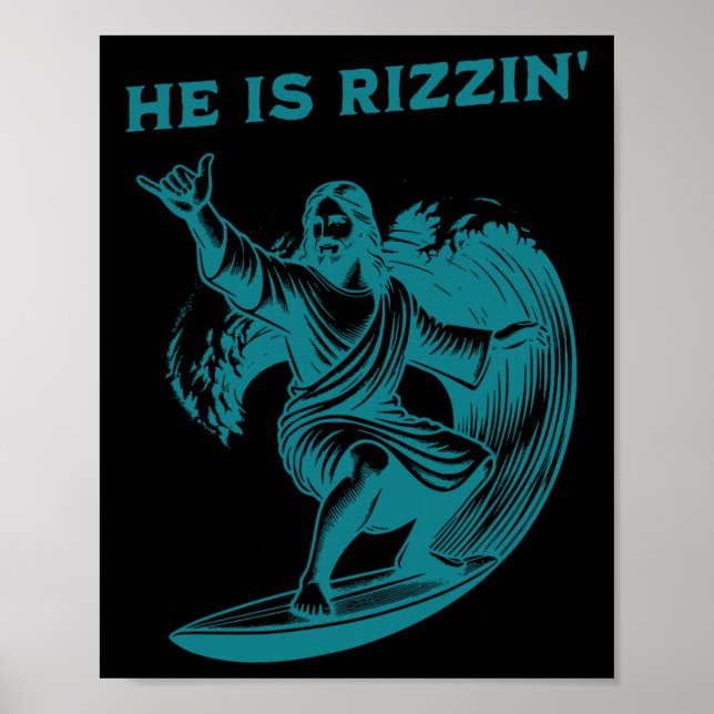 Poster He Is Rizzin Jesus Surfing Funny Retro Easter Vint (Devant)
