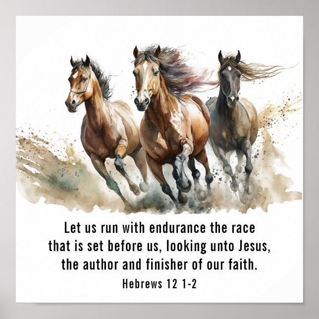 Poster Hébreux 12:1 Courir avec Endurance Cheval Bible Ve (Devant)