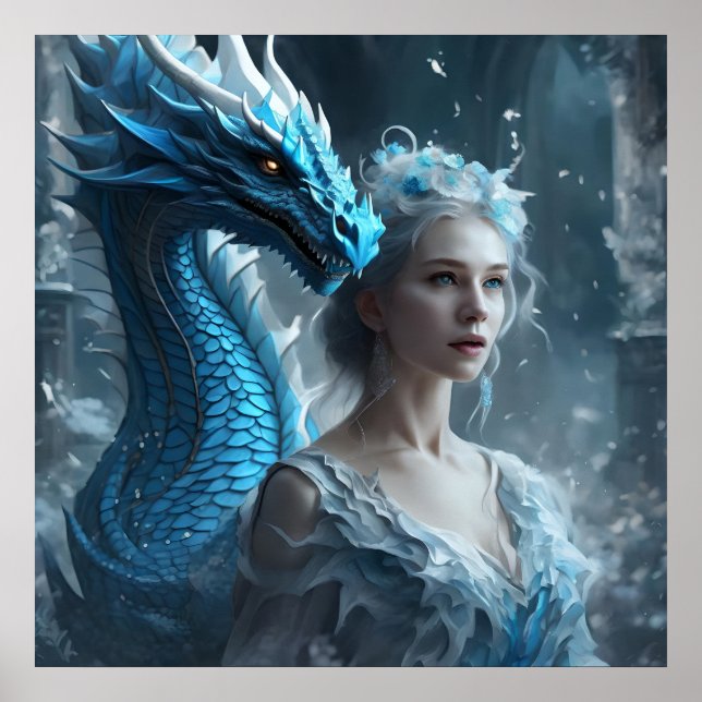 Poster - Hellblauer Drache und Mädchen AI-Bild (Vorne)