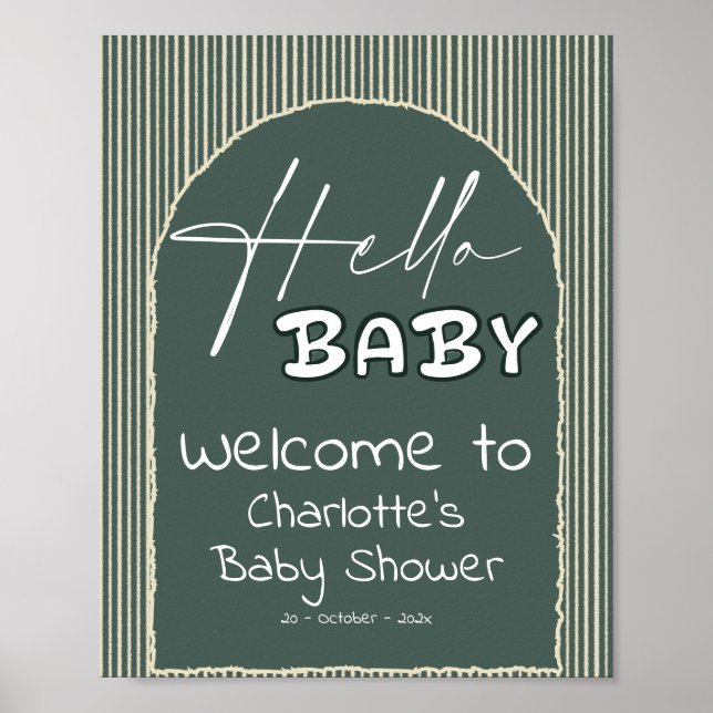 Poster Hello Baby Dark Green Stripes Baby Shower Welcome (Devant)