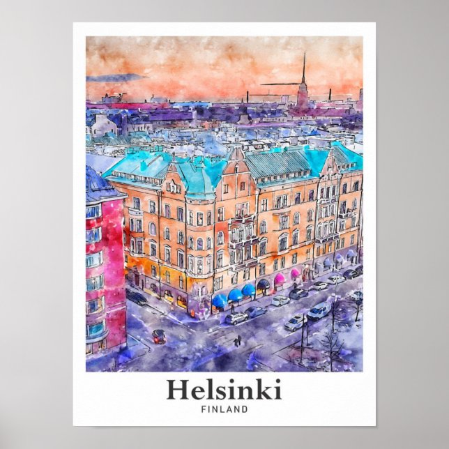 Poster Helsinki Finlande Aquarelle Voyage Main tirée (Devant)