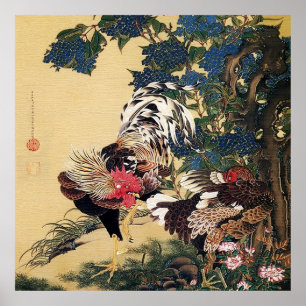 Poster Hen au coq et Hydrangea par Ito Jakuchu