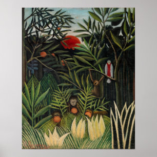 Poster Henri Rousseau - Singes et perroquet dans la forêt