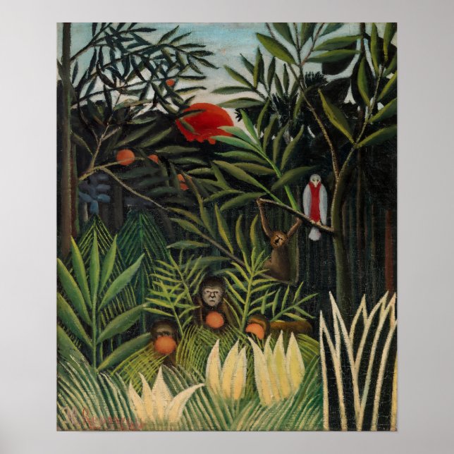 Poster Henri Rousseau - Singes et perroquets en Forêt Vie (Devant)