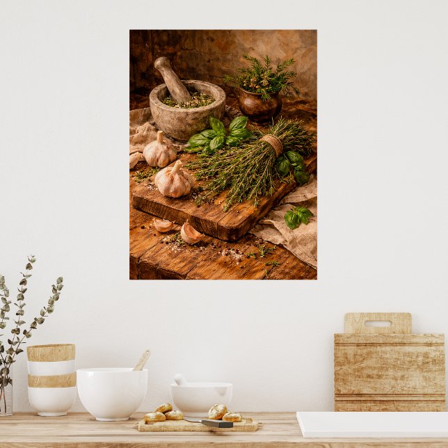 Poster Herbs and Garlic Still Life a Rustic Culinary (Cuisine)