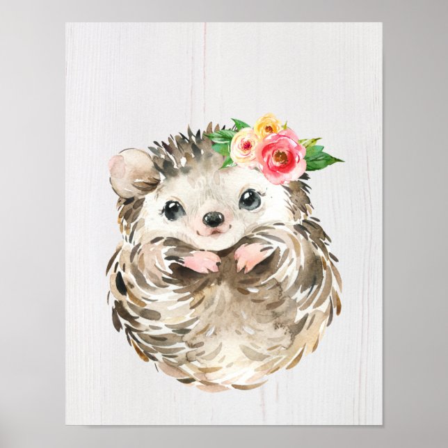 Poster Hérisson Bébé Floral Aquarelle, Animaux de la Forê (Devant)
