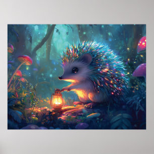 Poster Hérisson et lanterne géants dans la forêt enchanté