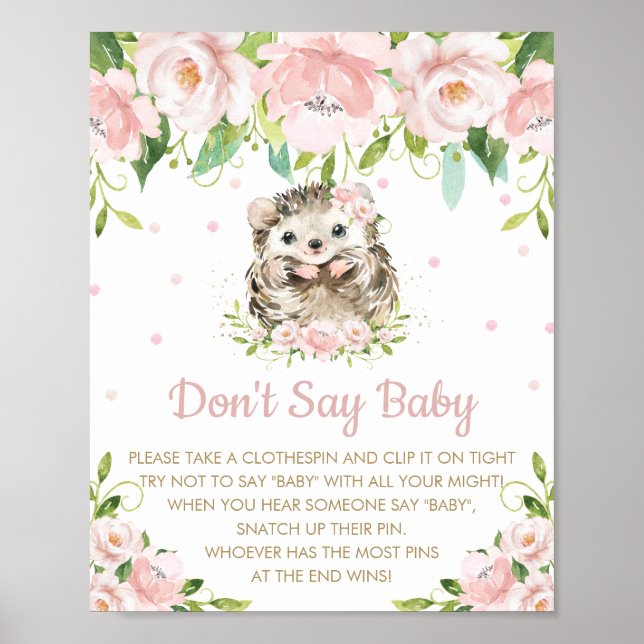 Poster Hérisson rose floral ne pas dire Baby shower jeu (Devant)