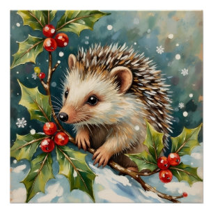 Poster Hérisson Vintage Parmi les Feuilles de Houx Noël