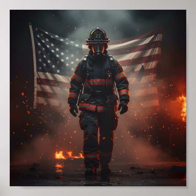 Poster Heroic Firefighter with American Flag Patriotic  (Devant)