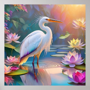 Poster Héron blanc à bec orange, oiseau de fantaisie