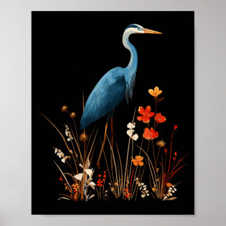 Poster Héron bleu floral fleur sauvage observation des oi
