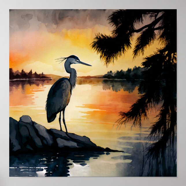 Poster Heron regarde l'aquarelle du coucher du soleil (Devant)