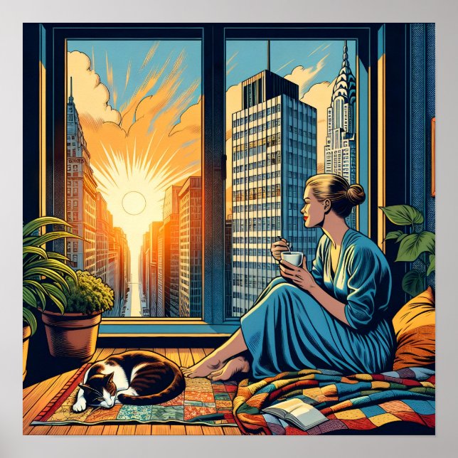 Poster Heure du matin dans la ville | Une femme qui réflé (Devant)