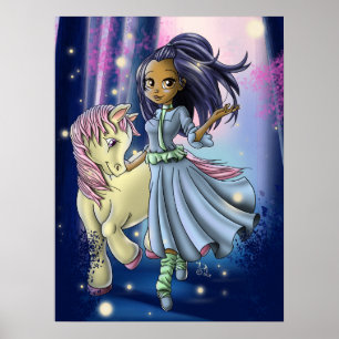 Poster Heureuse fille amérindienne et poney
