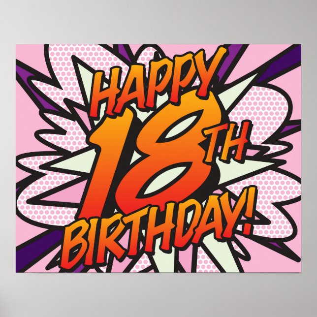 Poster HEUREUX 18E ANNIVERSAIRE BD Livre Pop Art rose (Devant)