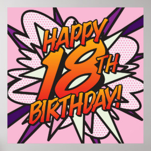 Poster HEUREUX 18E ANNIVERSAIRE Fun Retro Comic Book Pop