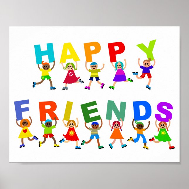Poster Heureux amis mignon dessin Divers enfants Texte (Devant)