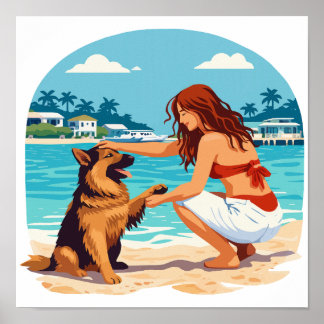 Poster Heureux Berger Allemand et femme liant sur la plag