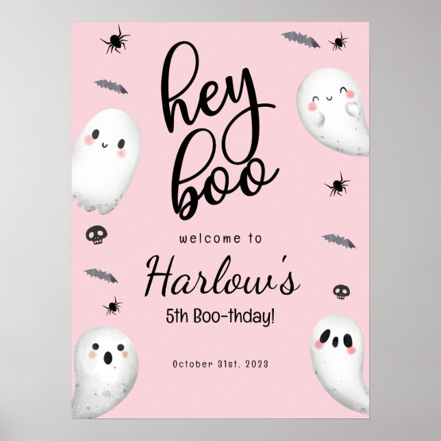 Poster Hey Boo Pink Ghost Halloween Bienvenue Anniversair (Devant)