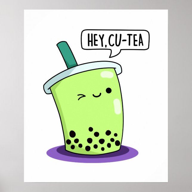 Poster Hey Cu Tea Drôle Boba Tea Pun (Devant)