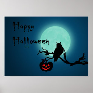 Poster Hialloween Night Citrouille Owl