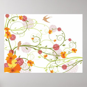 Poster Hibiscus et hirondelles Jardin floral élégant