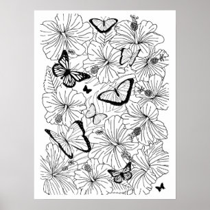 Poster Hibiscus et papillons tropicaux floraux colorant