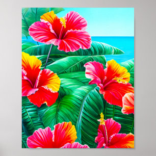 Poster Hibiscus hawaïen fleurs tropicales