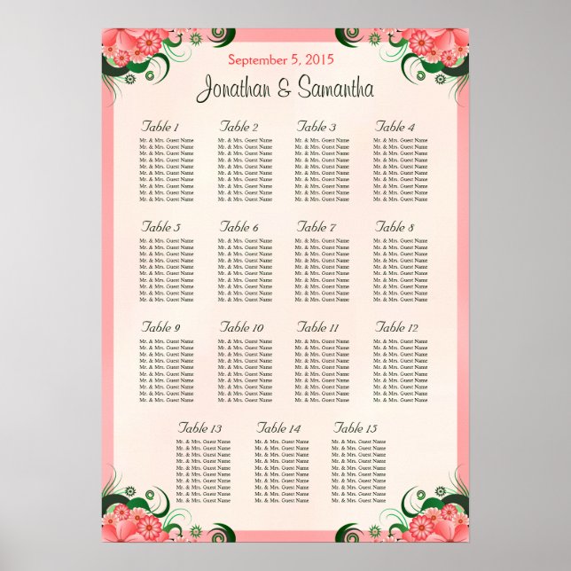 Poster Hibiscus rose 15 Tables Mariages Cartes de sièges (Devant)