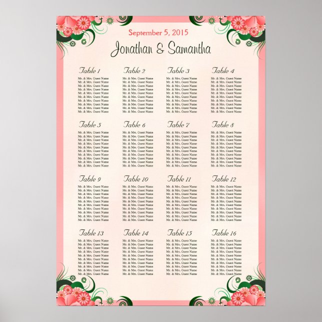 Poster Hibiscus rose 16 Tables Mariages Cartes de sièges (Devant)