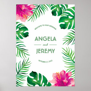 Poster Hibiscus rose et Mariage Feuille tropical