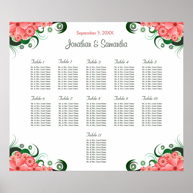 Poster Hibiscus rose Mariage 11 Tables Cartes de siège (Devant)